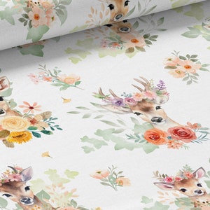Tessuto al metro Bichettes Oeko-Tex, Cerbiatti, Cervi e Fiori - La Mercerie des Princesses - Cotone, Jersey, French Terry, Impermeabile