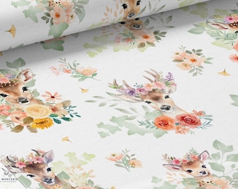 Tissu au mètre Bichettes Oeko-Tex, Faons, Biches, Cerfs et Fleurs - La Mercerie des Princesses- Coton, Jersey, French Terry, Imperméable