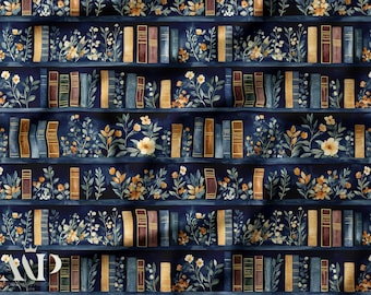 Books Floral Fabric, Blue Books & Flowers Fabric, Library Fabric, Watercolor Book Fabric, Oeko Tex Cotton, Sewing Fabric, Home Decor