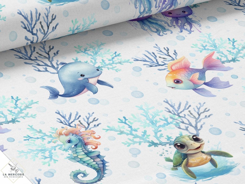 Tissu au mètre Animaux Aquatiques Certifié Oeko-Tex Création enfant La Mercerie des Princesses Coton, Jersey, French Terry, Imperméable image 1