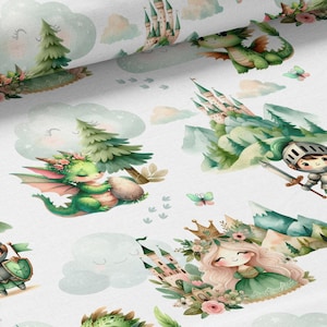 Tessuto al metro Drago e Cavaliere Certificato Oeko-Tex-Creation per bambini - Mercerie Des Princesses-Cotone, Jersey, French Terry, Impermeabile