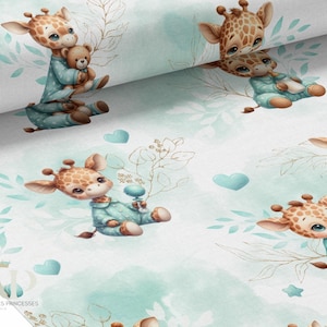 Tessuto al metro Baby Giraffe Pastel Water Green Certificato Oeko-Tex - La Mercerie des Princesses - Cotone, Jersey, French Terry, Impermeabile