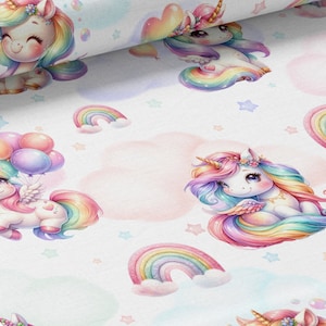 Tessuto pastello con unicorni arcobaleno al metro di Mercerie des Princesses - Creazione ideale per bambini - Cotone, Jersey, French Terry, Impermeabile