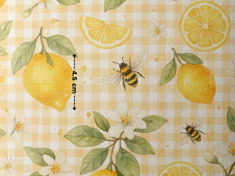 May include: A yellow and white gingham fabric with a repeating pattern of lemons, bees, and flowers. The lemons are yellow with a slight green tint and the bees are brown and yellow. The flowers are white with a yellow center. The fabric is 4.5 inches wide.
