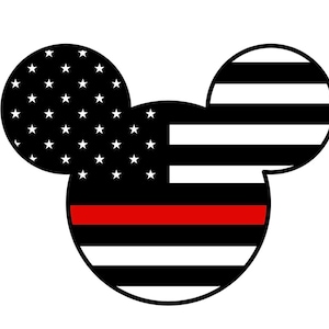 May include: Black and white Mickey Mouse head silhouette with red, white, and blue stripes and stars. The stripes and stars are arranged in the pattern of the American flag.