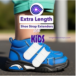 May include: Blue and black kids' shoe with white strap extenders. The shoe has a white stitched design and a black sole. Text on the image reads "Extra Length Shoe Strap Extenders FOR KIDS". The website address longershoestraps.com is also visible.