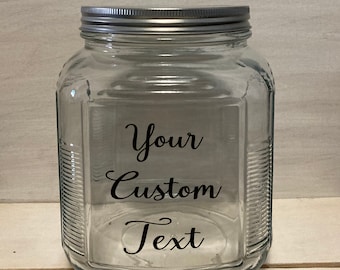 2 Quart Glass Cookie Candy, Snack, Treat Jar With Custom Text. Personalizable Tip Fund Jar.  Anniversary, Engagement, Mother's Day Gift Idea