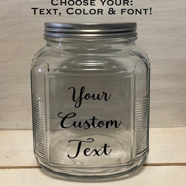 2 Quart Glass Cookie Candy, Snack, Treat Jar With Custom Text. Personalizable Tip Fund Jar.  Anniversary, Engagement, Mother's Day Gift Idea