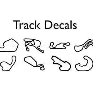 May include: A set of eight black and white track decals, featuring outlines of different race tracks. The decals are perfect for adding a touch of racing flair to any surface.