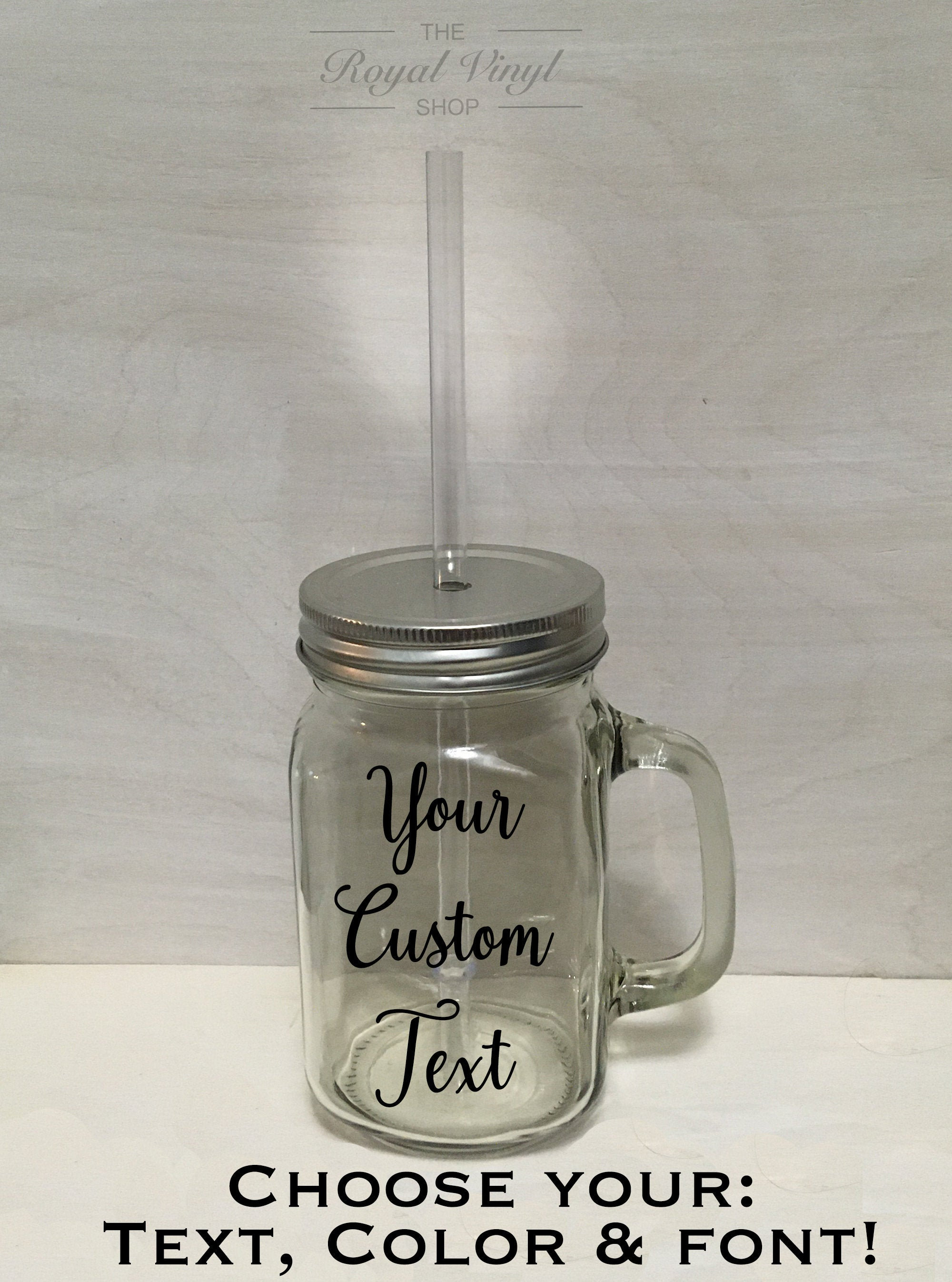 Custom Text 16oz Glass Mason Mug Jar + Straw Lid + Plastic Straw. Great Personalized Party Favor, Birthday, Graduation, Easter Gift