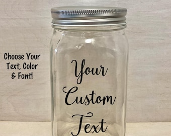 Personalized 1 Quart Custom Text Glass Mason Jar Wide Mouth Silver Lid. Customized Fund Jar, Tip Jar, Birthday, Date Night, Graduation Gift