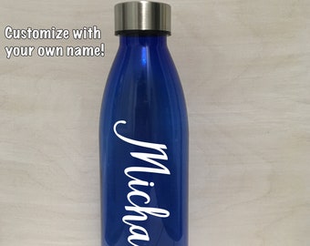 Add Name! Personalized Blue 22oz Water Bottle Plastic & Stainless Steel Drink Tumbler, Cold Drinks. Customized Birthday or Mother's Day Gift