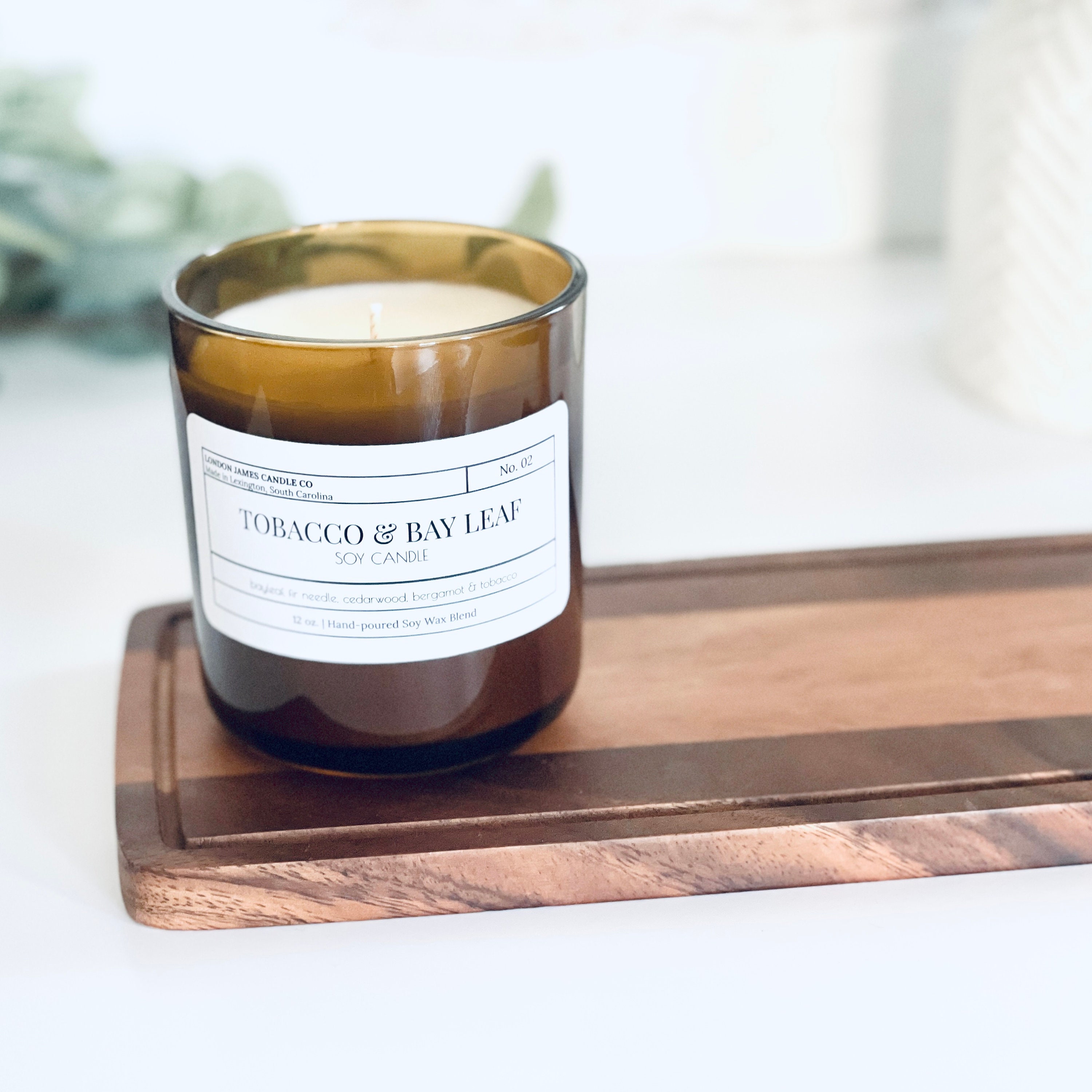 tobacco leaf and amber candle Tobacco & Bay Leaf Scented Soy Candle - 12 Oz Amber Jar