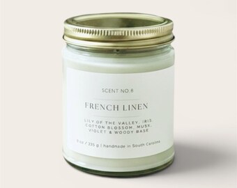 French Linen Candle 9 oz Coconut Soy | Luxury Minimalist Home Scent | Clean Burning Spa Candle Gift for Her | Fresh Linen Neutral Decor
