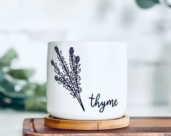 Maceta de cerámica blanca para hierbas, jardinera de interior con bandeja de bambú, regalo para principiantes, jardinera de cocina, contenedor minimalista para plantas.