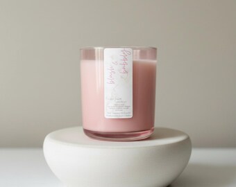 Rose and Champagne Candle Hand Poured Non Toxic Pink Glass Jar Romantic Scented Coconut Soy Candle Clean Burning Home Decor Gift for Her