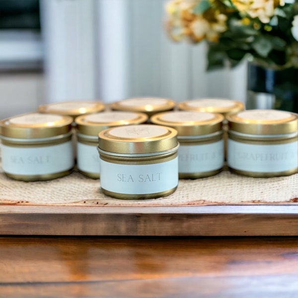 Travel Tin Soy Candle Mini Soy Candle Wedding Favor Candle Gift Home Decor Miniature Scented Candle 2 oz. Mini Candle Gold Tin Soy Wax