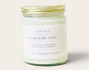 Rosemary Sage Soy Candle: 9 oz Glass Jar, Non-Toxic Scent