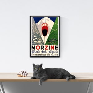 Vintage Travel Poster Morzine France - Ski resort Alps - cable car - art Deco style