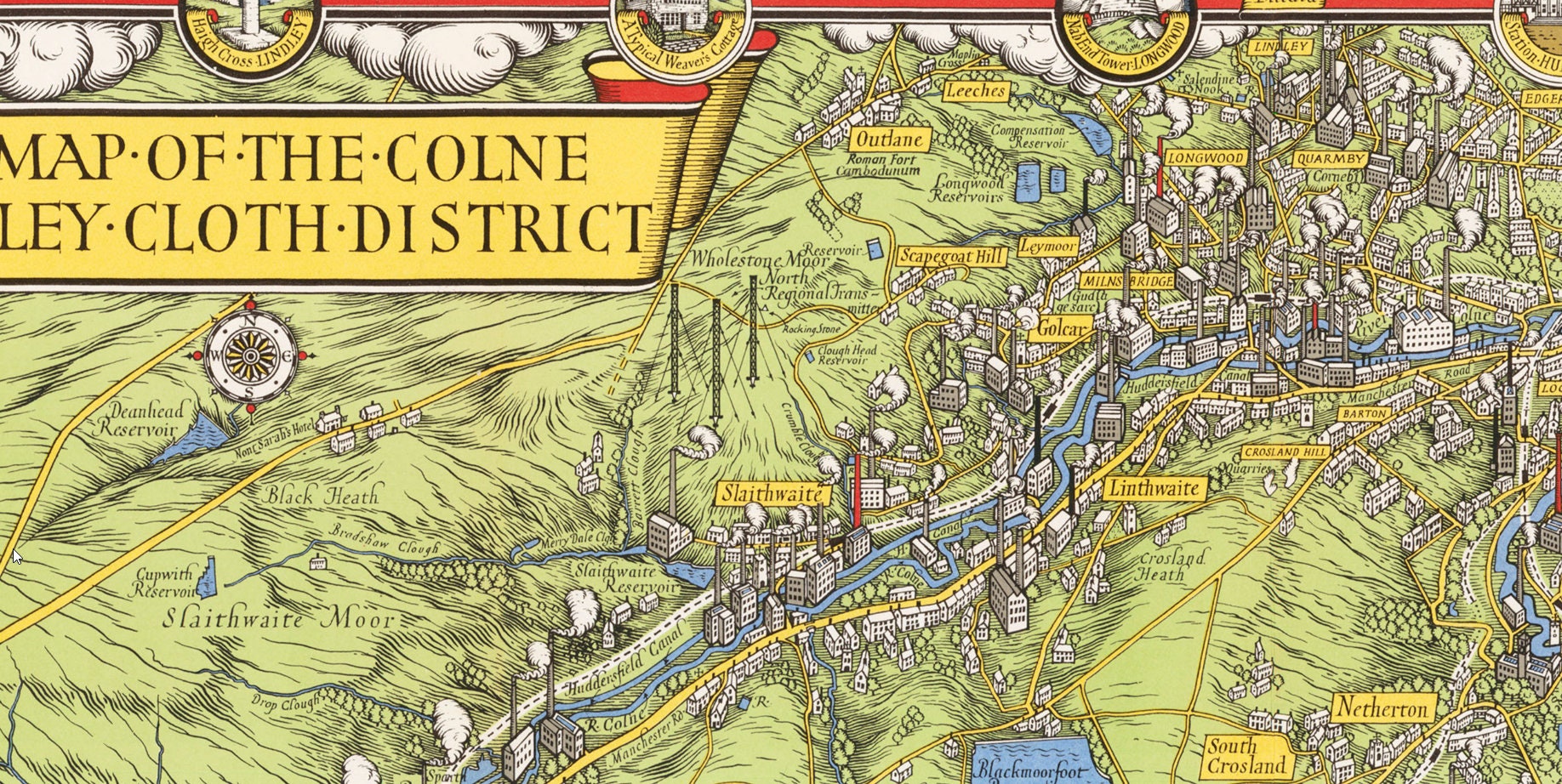 A Vintage Map of the Colne Valley Cloth District Print/poster Yorkshire