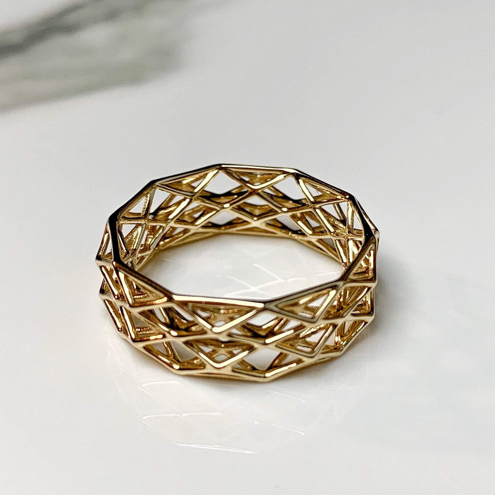Geometric Lattice Solid 14k Gold Ring Etsy