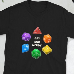 Gay and Nerdy | Dungeons and Dragons Short-Sleeve Unisex T-Shirt | Rainbow Dice Dnd Shirt | Nerdy D&D Pride Top