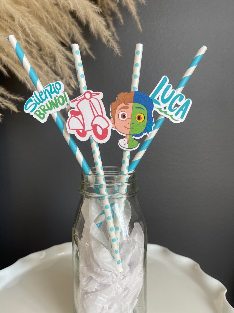 LUCA INSPIRED Paper STRAWS, Set of 12, Disney Inspired Birthday Party, Luca Birthday Party, First Birthday, Boy Birthday, Baby Shower image 2