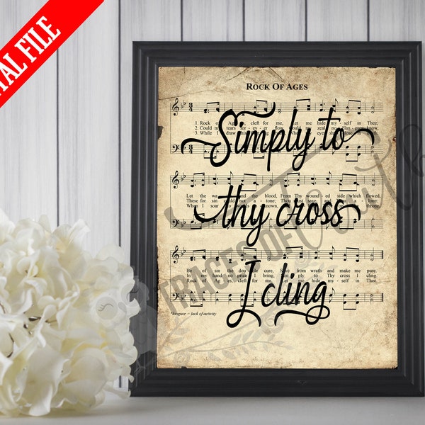 Rock of Ages Scripted Hymn Print | Printable Vintage Sheet Music | Antique Hymn | Inspirational Quote | Farmhouse Decor | Hymn Art Faith Art