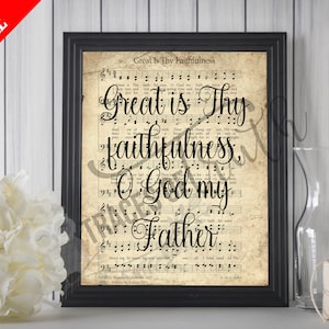 Great is Thy Faithfulness Scripted Vintage Hymn Print | Printable Vintage Sheet Music | Antique Hymn | Inspirational Quote | Farmhouse Decor