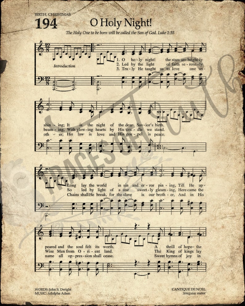 Oh Holy Night Vintage Hymn Printable Vintage Sheet Music Antique Hymn Inspirational Quote ...