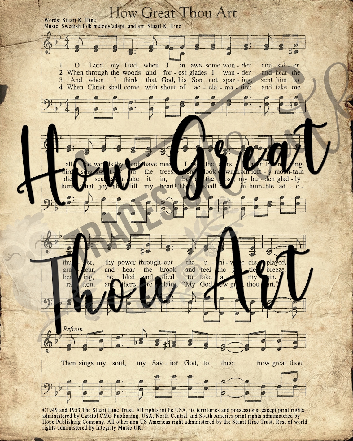 Printable How Great Thou Art hymn print styled like antique sheet music
