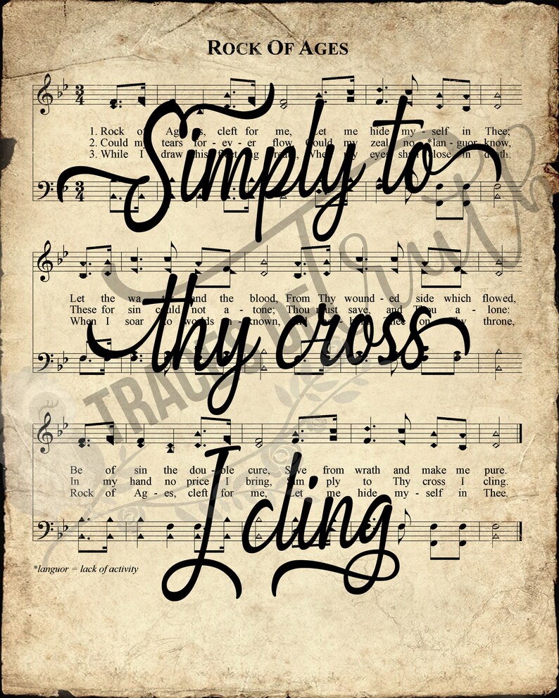 Rock of Ages Scripted Hymn Print | Printable Vintage Sheet Music | Antique Hymn | Inspirational ...