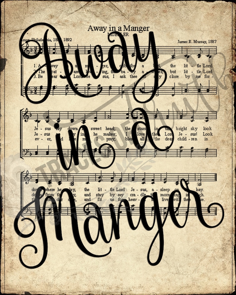 Away in a Manger Scripted Print Printable Vintage Sheet Music Antique