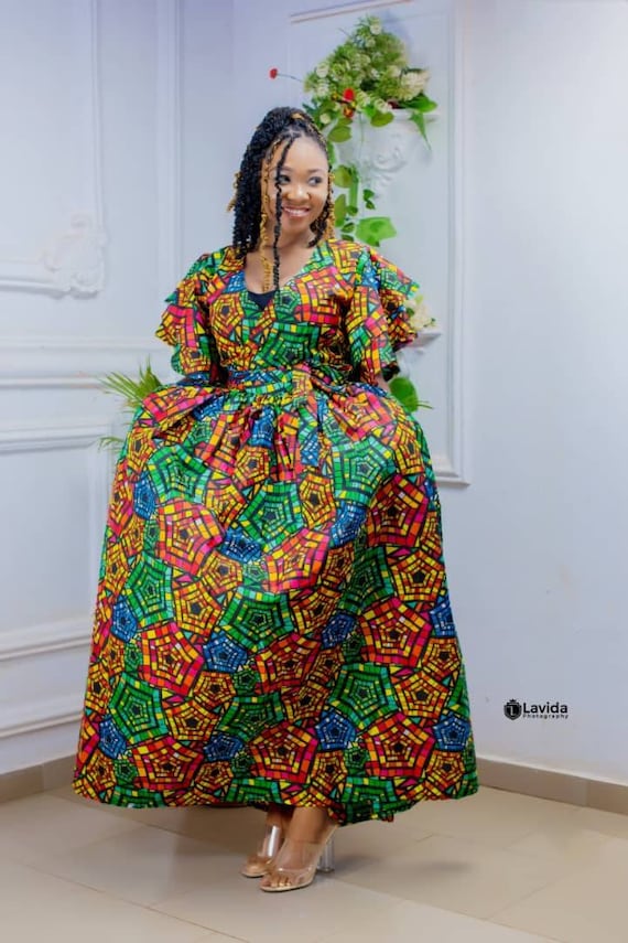 African Print Two Piece Set: Wrap Crop Top & Maxi Skirt