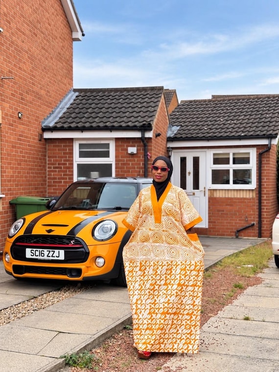 Handmade Adire Kaftan: Mustard Yellow Circle Print, Cotton, One-Size-Fits-Most