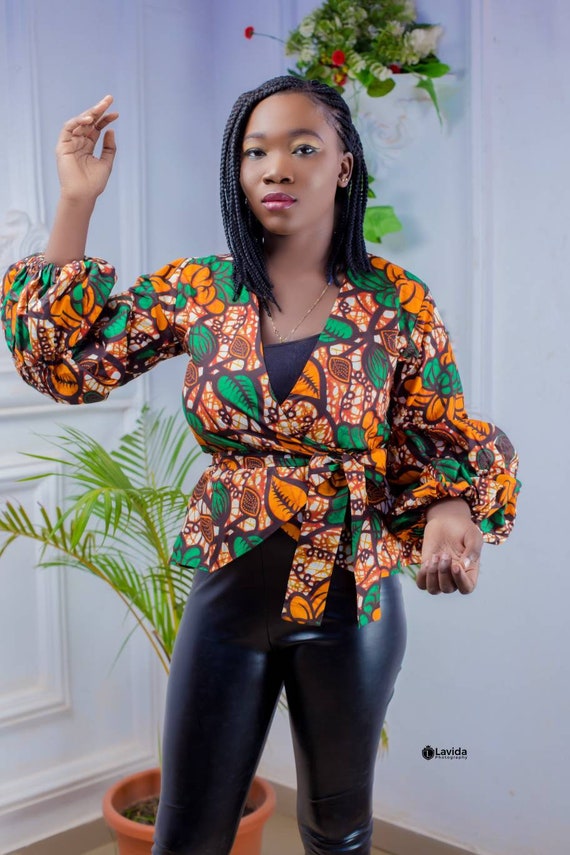Ankara/ African print wrap top with exaggerated puffy sleeves (FUNMI TOP)