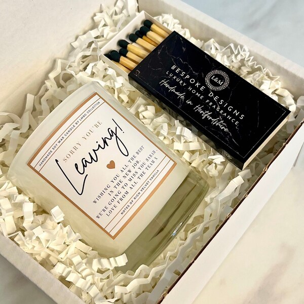 Personalised Leaving Gift Set With Matches, Sorry You're Leaving Gift - Candle Leaving Present For Her