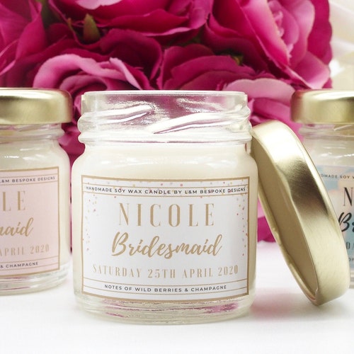 Bridesmaid gift, bridal party candle favours, bridesmaid proposal, wedding favour candles, soy candles, personalised gift, MINI CANDLES