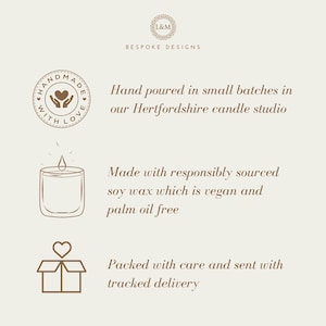 May include: A beige graphic with text and illustrations. The text reads "Hand poured in small batches in our Hertfordshire candle studio." It also states the candles are made with vegan soy wax and packed with care.