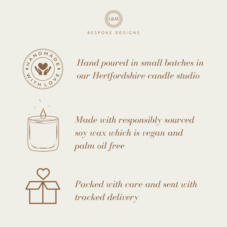 May include: A beige graphic with text and illustrations. The text reads "Hand poured in small batches in our Hertfordshire candle studio." It also states the candles are made with vegan soy wax and packed with care.