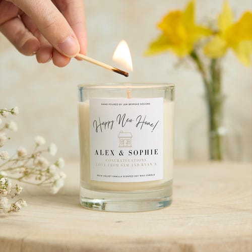 Nouvelle bougie personnalisée pour la maison : cire de soja parfumée, cadeau de pendaison de crémaillère