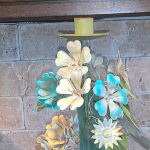 Vintage Metall italienische Tole handgemalte Blume mit Efeu Kerzenhalter