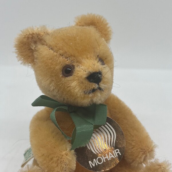 Antique Hermann Mohair Jointed Teddy Bear, Made In West Germany, 3 1/2 Inches Tall, Great Condition, Gold With Green Ribbon, Collectable