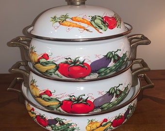 Vintage Enamelware Cookware With Domed Lids  Set Of Three, Vegetable Motif, Farmhouse Garden Design Cookware, Brass Handles, Unmarked,