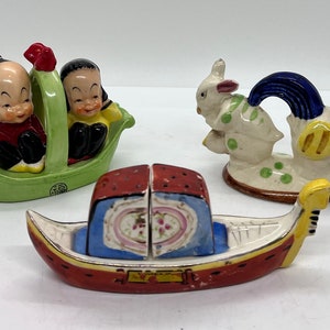 Vintage Salt And Pepper Shakers, Bunny And Rooster 1 Piece, Gondola Boat 3 Piece, Boat With Asian Couple 3 Piece, Collectables From Japan