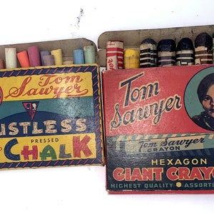 Vintage Tom Sawyer Crayons And Chalk, Standard Toykraft Products, Hexagon Giant Crayons, Dustless Pressed Chalk, Retro Toys, Colors