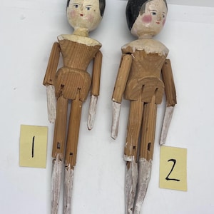 Antique Grodnertal Carved Wooden Peg Dolls: Jointed Folk Art