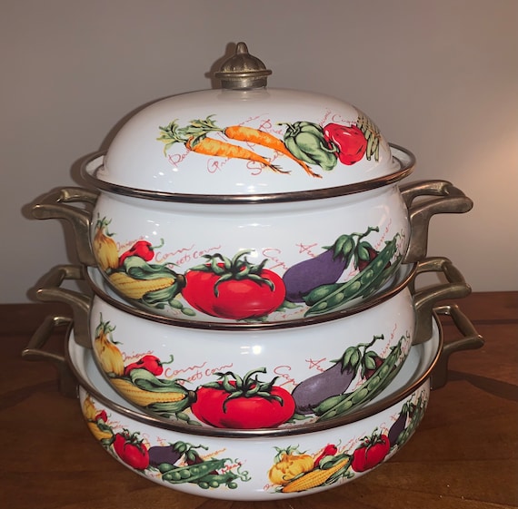 Vintage Enamelware Cookware With Domed Lids Set of Three Etsy