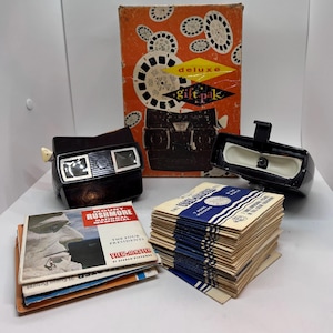 Vintage Sawyer's View Master Stereooskop Deluxe Gift Pak mit 58 Rollen