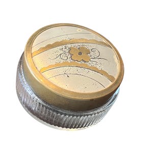 Vintage Vanity Ribbed Glass Jar For Powder Or Cream, Art Deco Style Makeup Jar, Gold LId With Flowers, 2 3/4 Inches Diameter, Dresser Jar